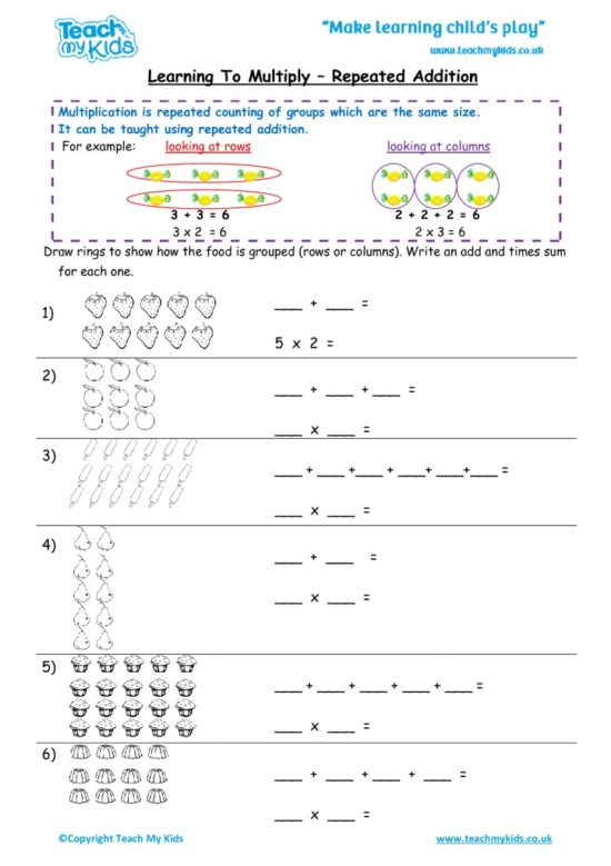 Multiplication Using Repeated Addition Worksheets