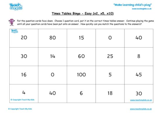 Worksheets for kids - times-tables-bingo-easy-x2-x5-x10