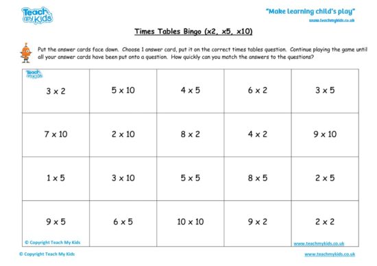 Worksheets for kids - times-tables-bingo-x2-x5-x10