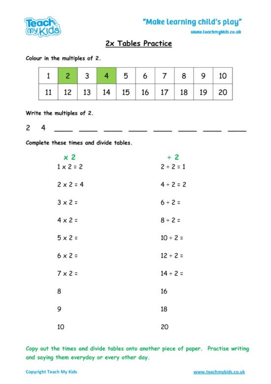 Worksheets for kids - x2-tables