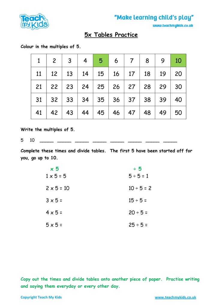 X5 Multiplication Worksheets
