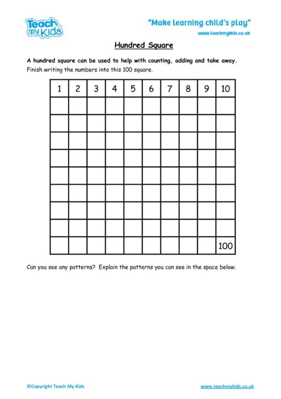 Worksheets for kids - hundred-square