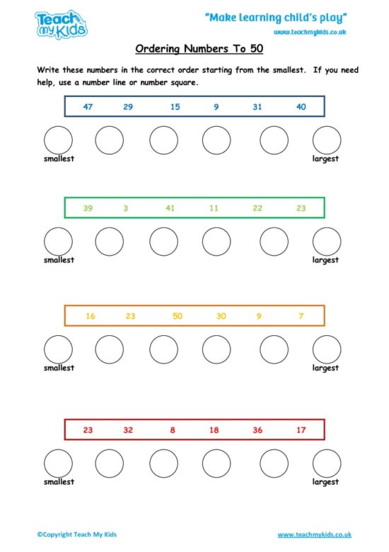 Worksheets for kids - ordering-nos-to-50