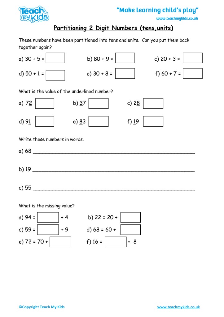 Recombining Numbers Worksheets