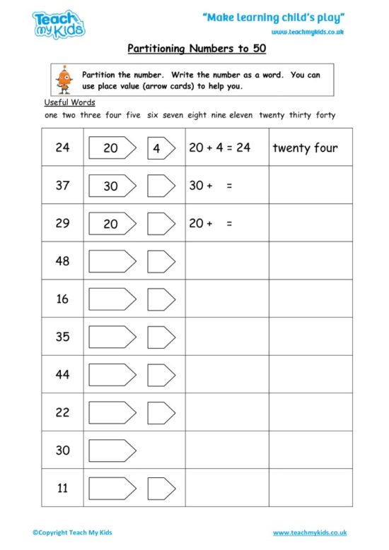 Worksheets for kids - partitioning-numbers-to-50