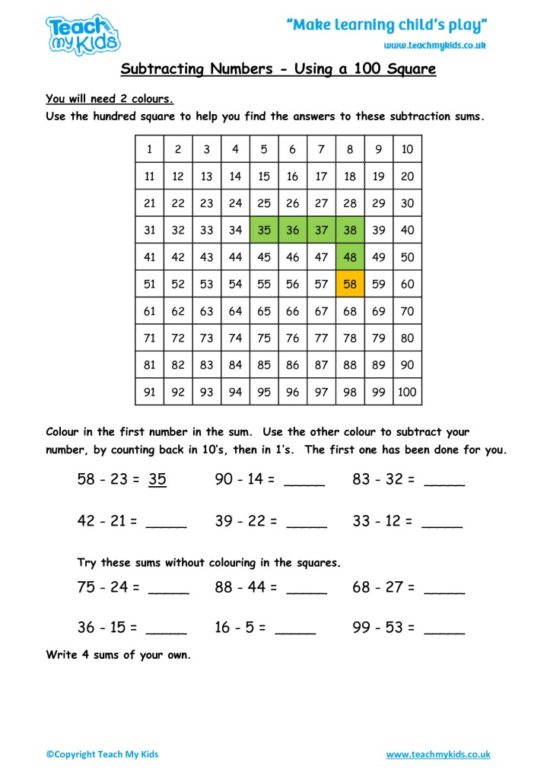 Worksheets for kids - subtracting-numbers-using-a-hundred-square