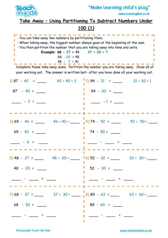 Worksheets for kids - take-away-partition-nos-under-100-1