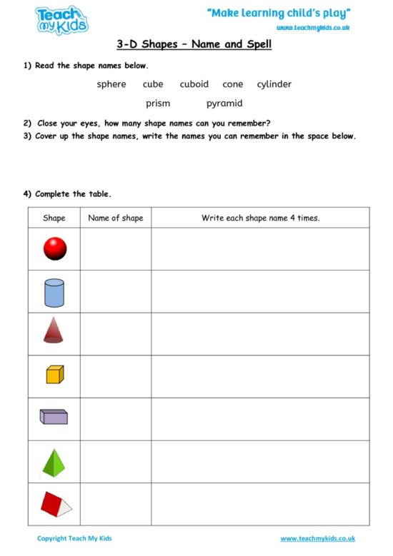 Worksheets for kids - 3d_shapes-_name_and_spell