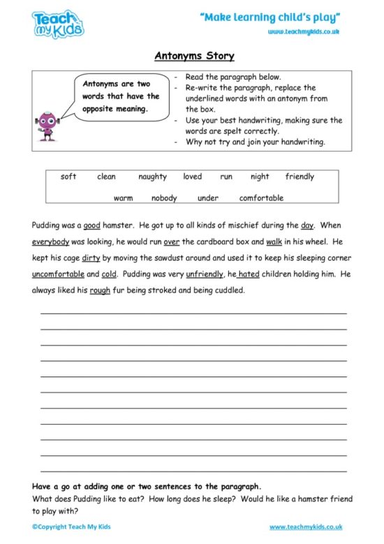 Worksheets for kids - antonyms_story