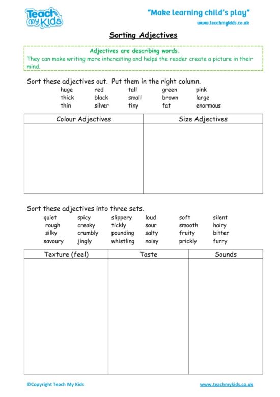 Worksheets for kids - sorting-adjectives