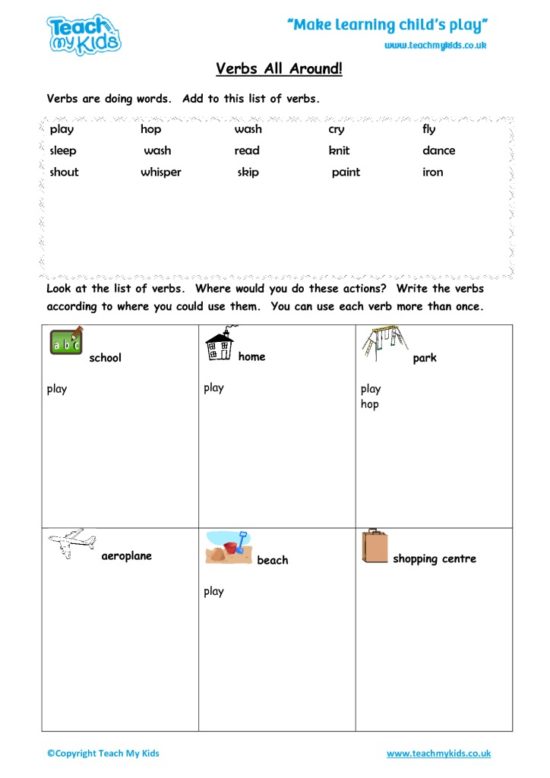 Worksheets for kids - verbs all around