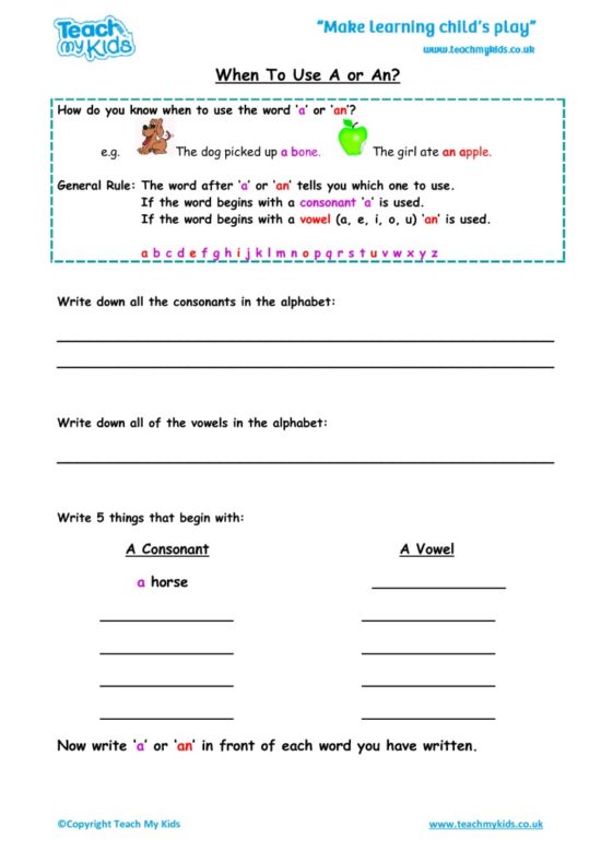 Worksheets for kids - when-to-use-a-or-an