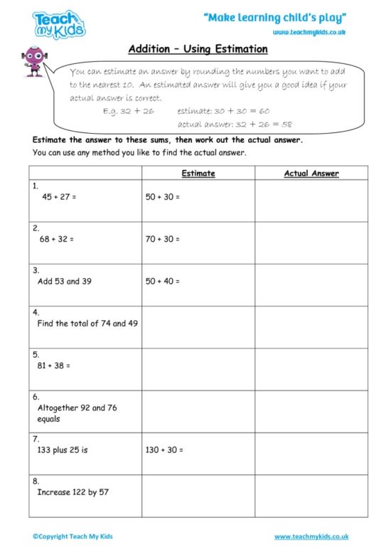 Worksheets for kids - addition-using-estimation