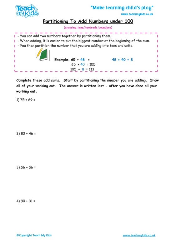 Worksheets for kids - partitioning to add nos under 100