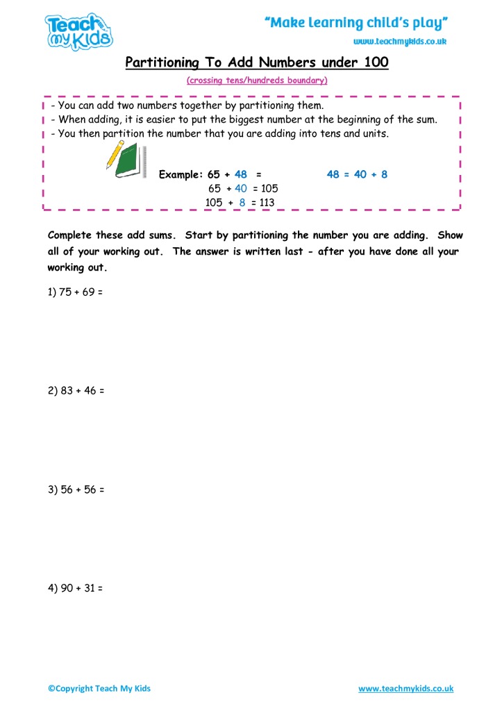 addition by partitioning numbers under 100 4 year 3