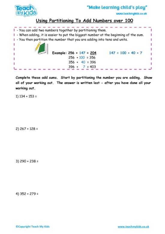 Worksheets for kids - using partitiong to add nos over 100