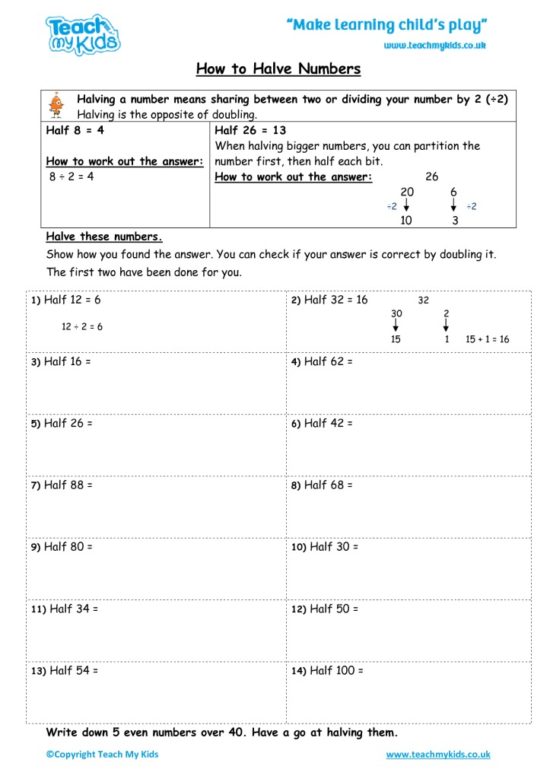 Worksheets for kids - halving-numbers