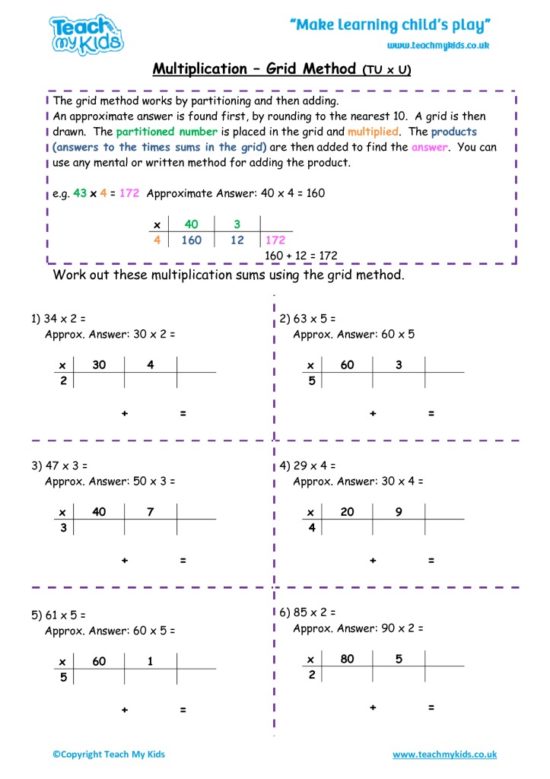 Worksheets for kids - multiplication-grid_method-tu_x_u