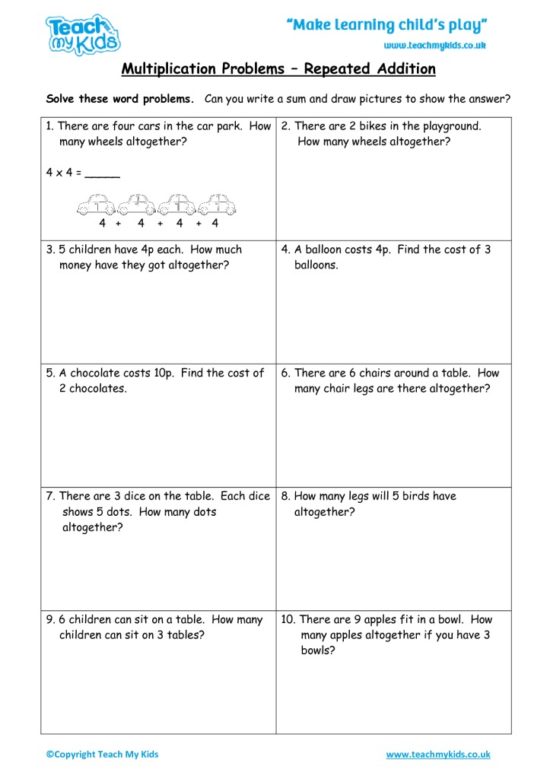 Worksheets for kids - multiplication-problems-repeated-addition