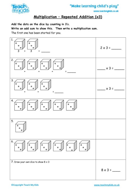Worksheets for kids - multiplication-repeated-addition-x3