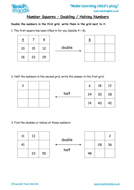 Worksheets for kids - number-squares-doubling-and-halving-numbers