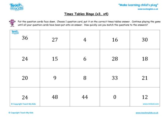 Worksheets for kids - times tables bingo tmked – x3 x4