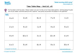 Worksheets for kids - times-tables-bingo-x3-x4