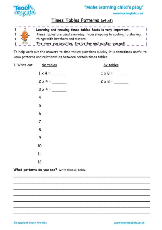 Worksheets for kids - times-tables-patterns-x4-x8
