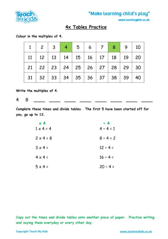 Worksheets for kids - x4-tables