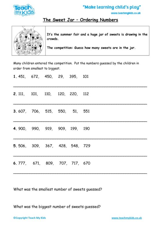 Worksheets for kids - The-sweet-jar-ordering-numbers