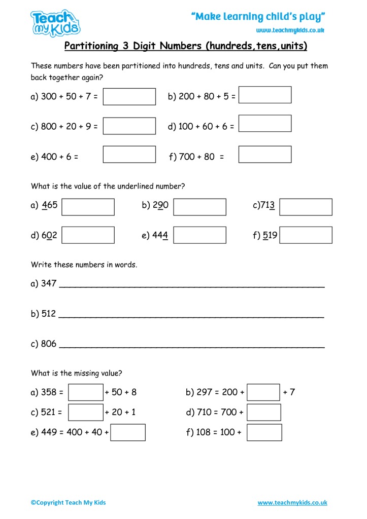Partition Three Digit Numbers Number And Place Value Maths Worksheets The Formal Long Division