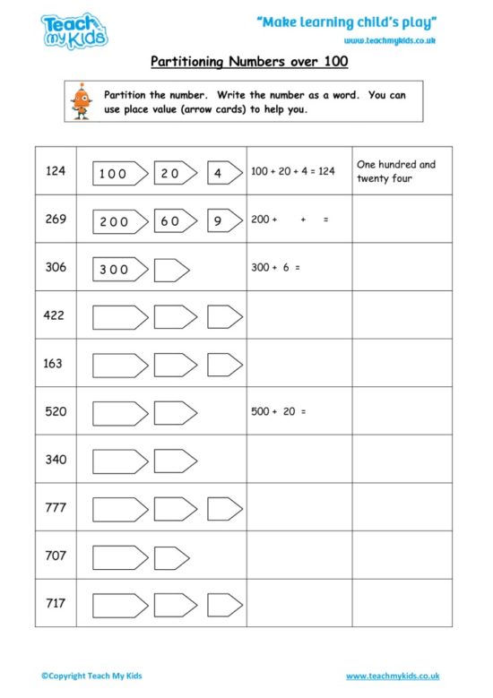 Worksheets for kids - partitioning-numbers-over-100