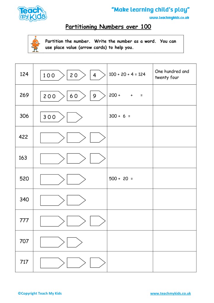 Partitioning Numbers Worksheet Year 3