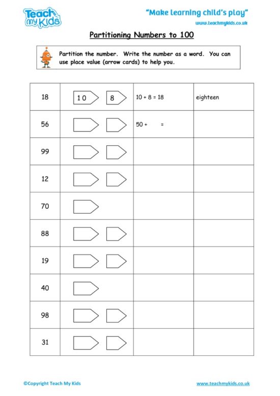 Worksheets for kids - partitioning-numbers-to-100