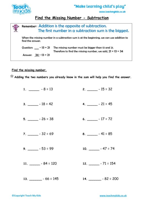 Worksheets for kids - find-the-missing-number-subtraction