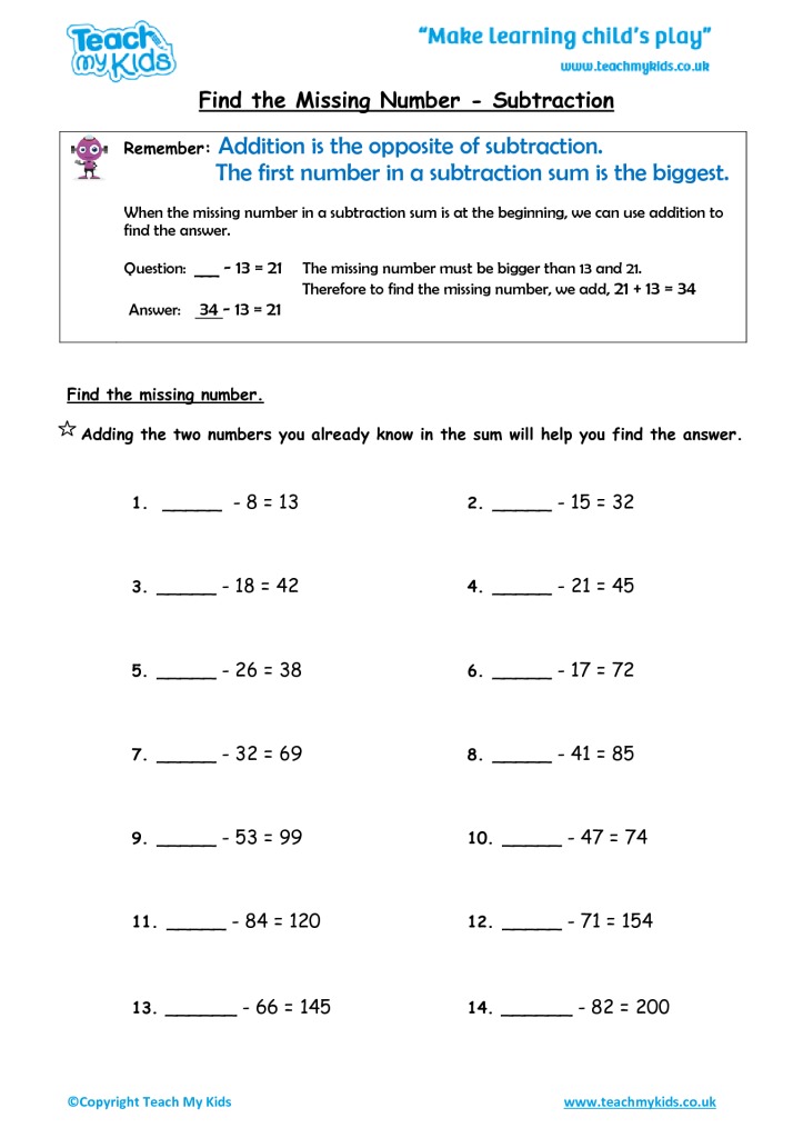 find the missing number subtraction tmk education