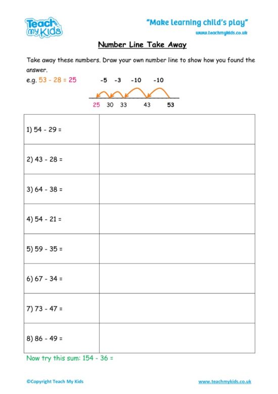 Worksheets for kids - number line takeaway