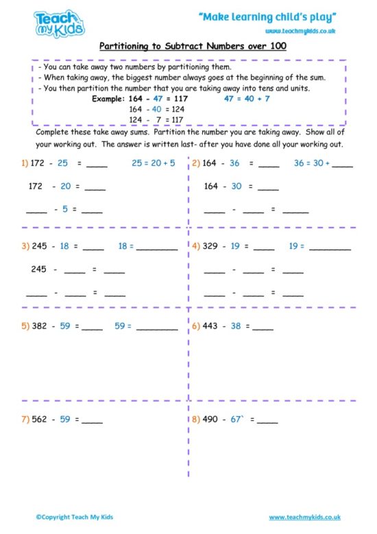 Worksheets for kids - partition to subtract nos over 100