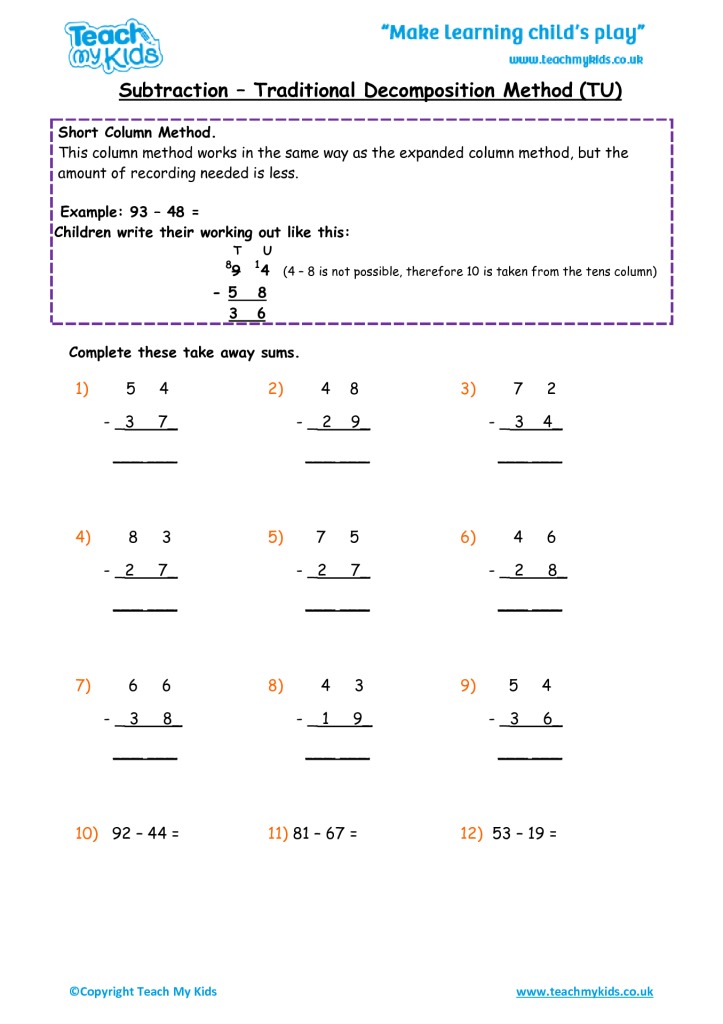 Subtraction Traditional Decomposition Method TU TMK Education Subtraction Traditional Decomposition Method TU TMK Education