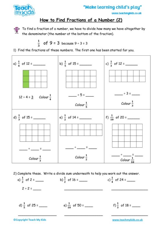 Worksheets for kids - how to find fractions of a number 2