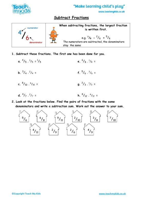 Worksheets for kids - subtract fractions