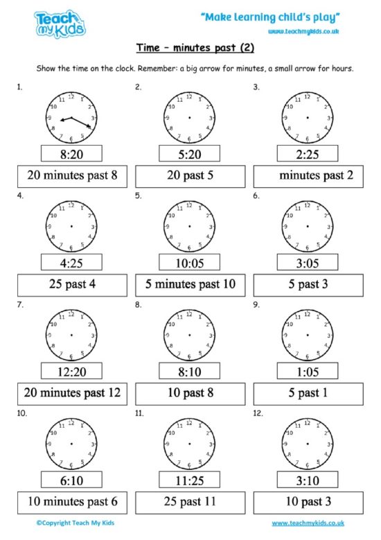 Worksheets for kids - time-minutes-past-2