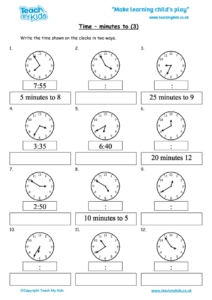 Worksheets for kids - time-minutes-to-3-no-hands