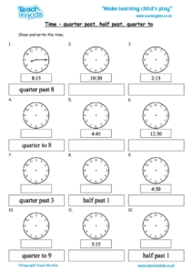 Worksheets for kids - time-quarter past, to, half past 3