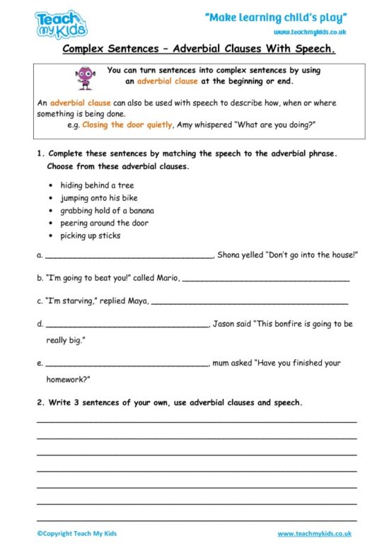 Worksheets for kids - Complex-sentences-Adverbial-Clauses-and-speech