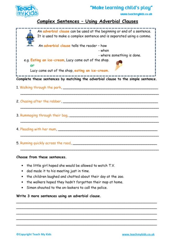 Worksheets for kids - Complex-sentences-Using-Adverbial-Clauses