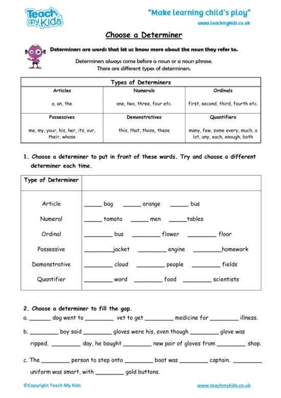 Worksheets for kids - choose_a_determiner