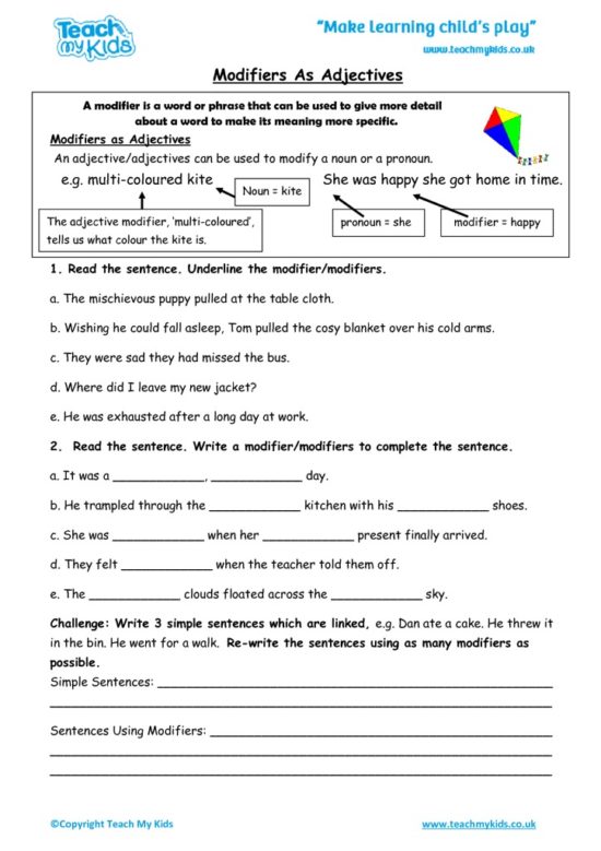 Worksheets for kids - modifiers_as_adjectives