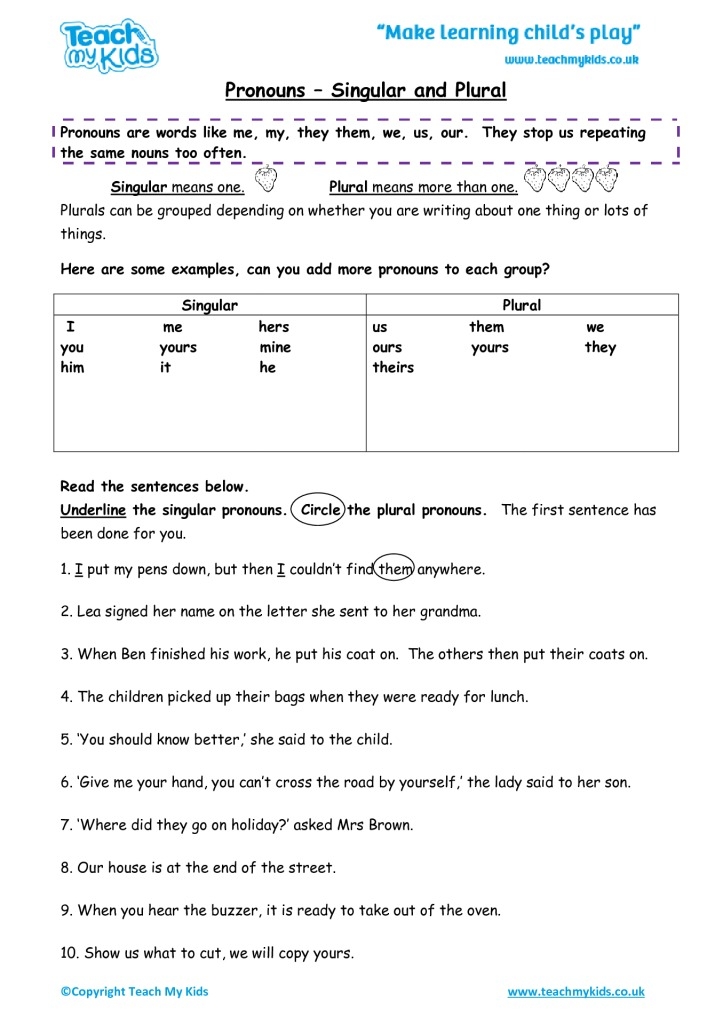 Singular And Plural Pronoun Worksheets
