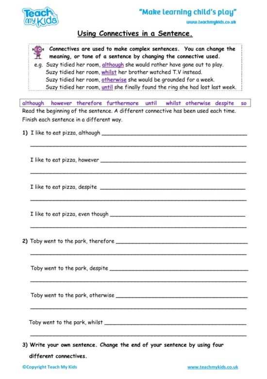 Worksheets for kids - using-connectives-in-a-sentence